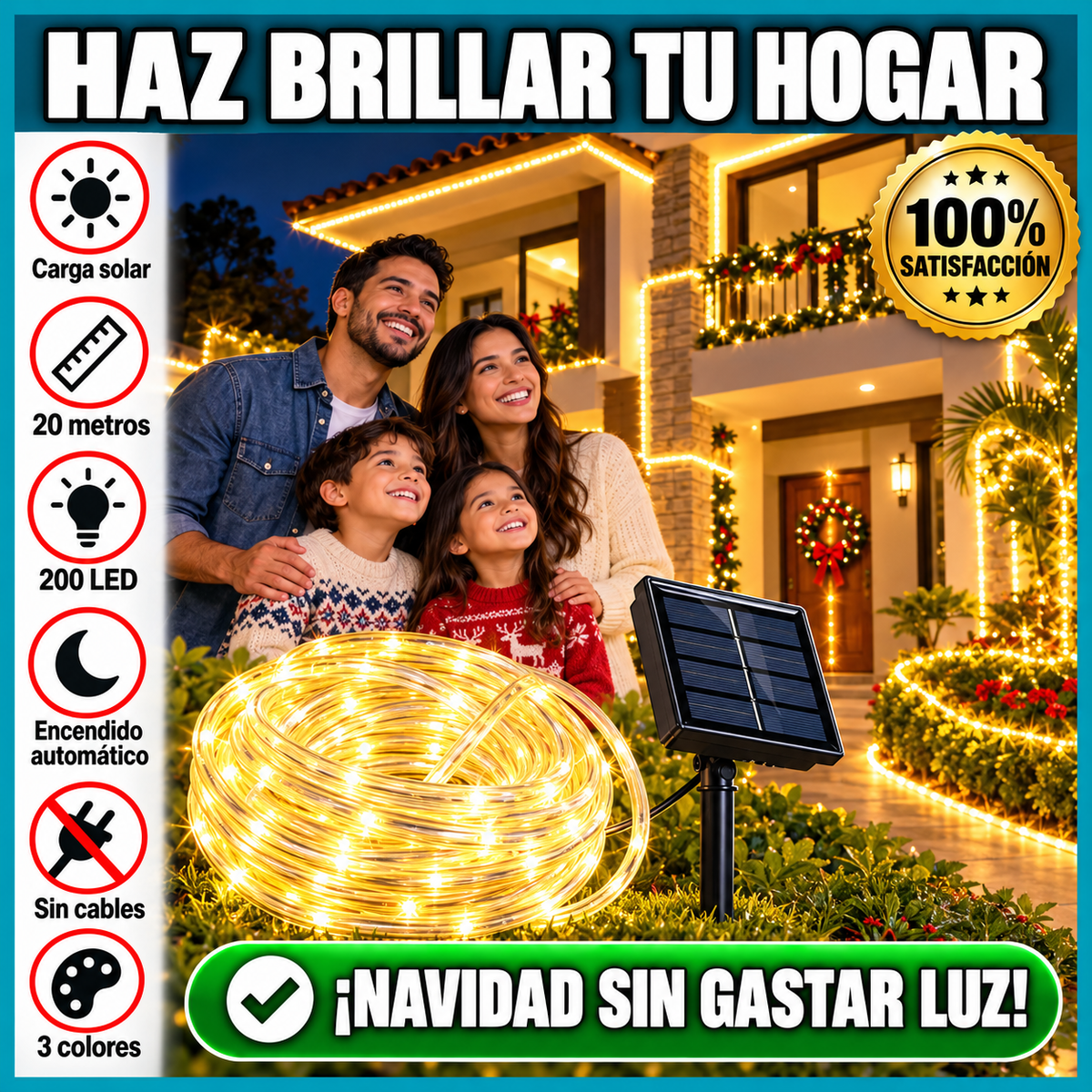 Luces Navideñas Solares Tipo Manguera 20 metros 200 LED