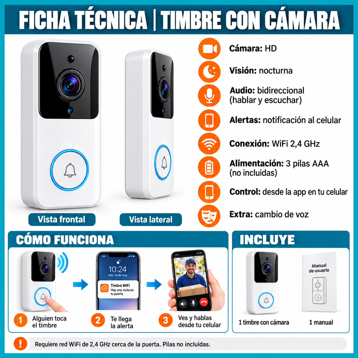 Timbre con Cámara WiFi® – ¡Mira Quién Toca tu Puerta desde tu Celular!